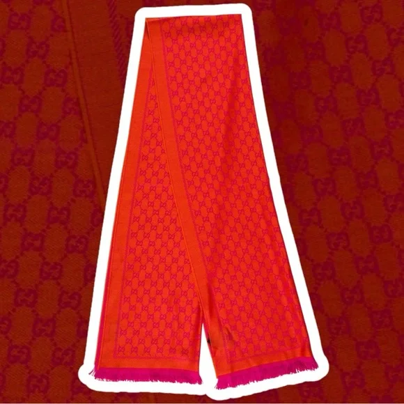 NWT Gucci Orange x Pink Jacquard GG Monogram Logo Wool Scarf - Picture 4 of 5